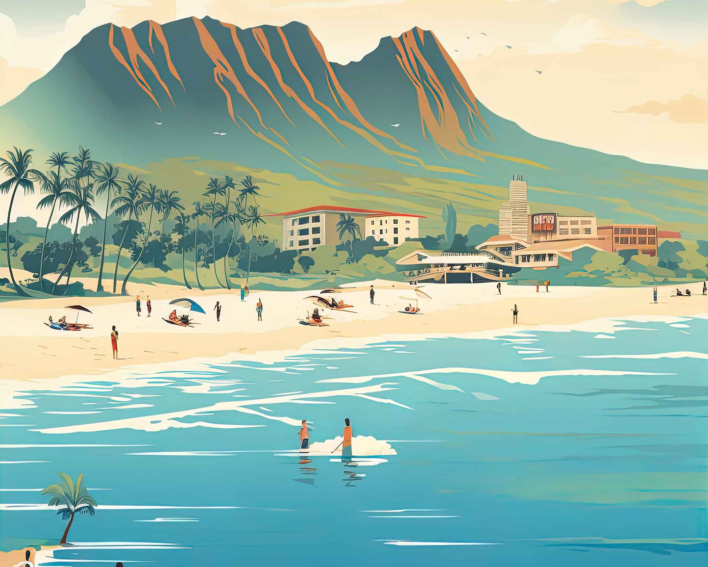 Framed Image of Oahu Hawaii Wall Art Travel Poster Prints Illustration