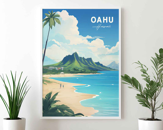 Framed Image of Oahu Hawaii Wall Art Travel Print Posters Illustration