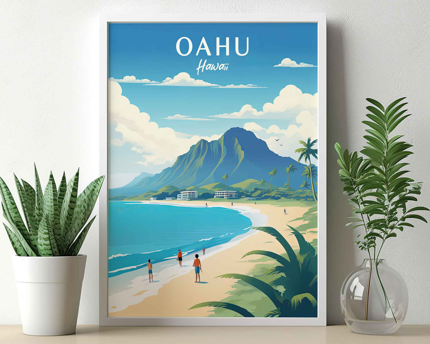 Framed Image of Oahu Hawaii Wall Art Print Travel Posters Illustration