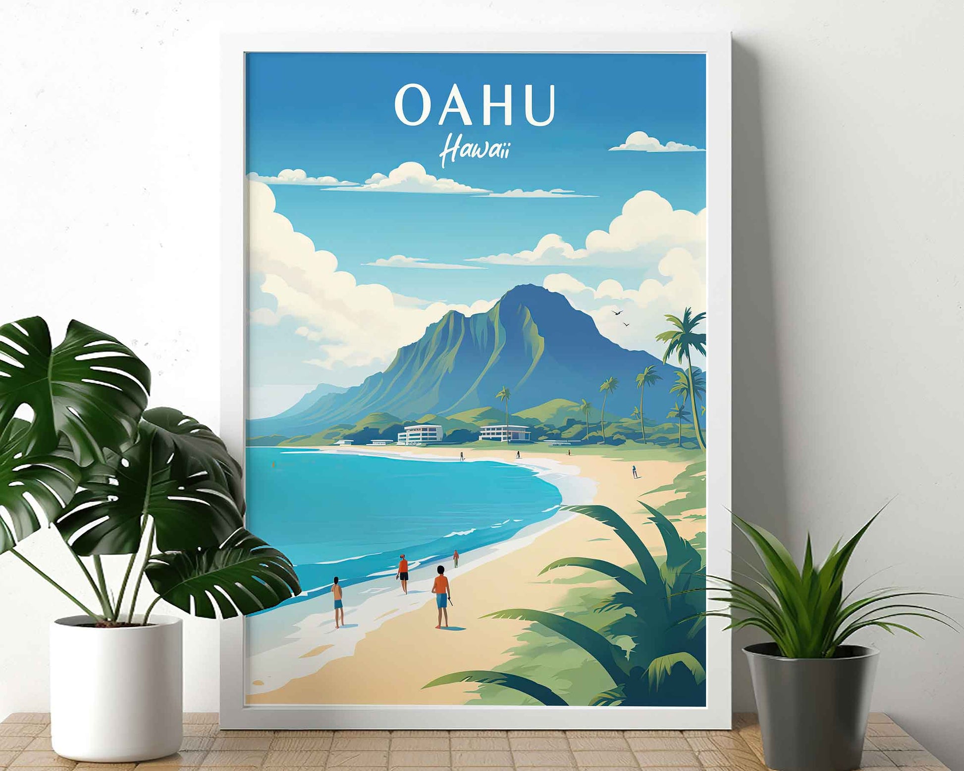 Framed Image of Oahu Hawaii Wall Art Print Travel Posters Illustration