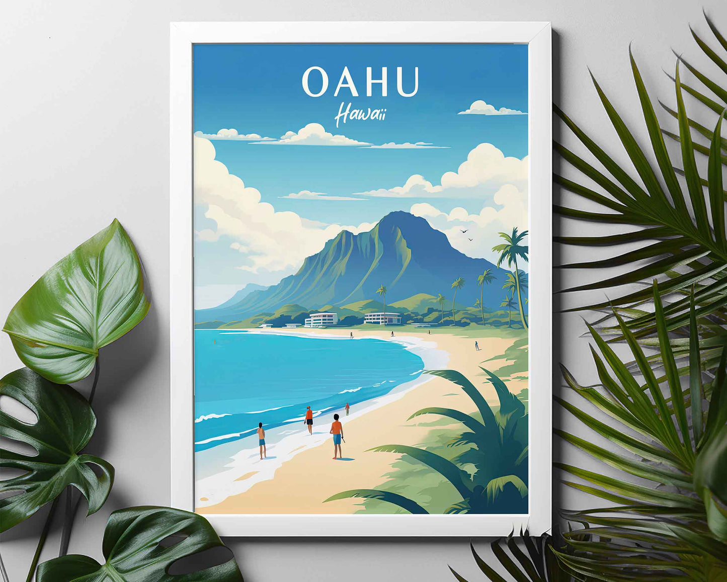 Framed Image of Oahu Hawaii Wall Art Print Travel Posters Illustration