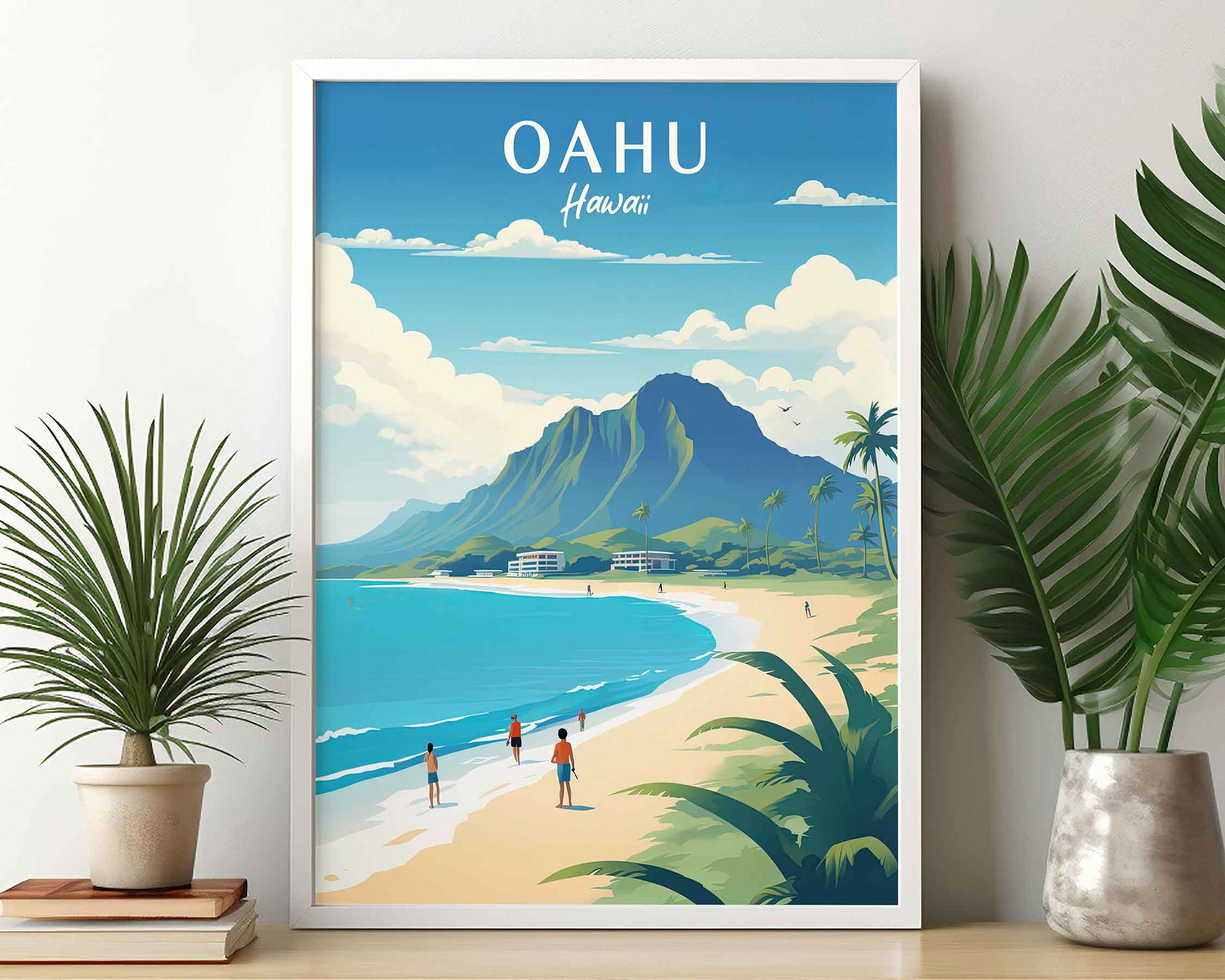 Framed Image of Oahu Hawaii Wall Art Print Travel Posters Illustration