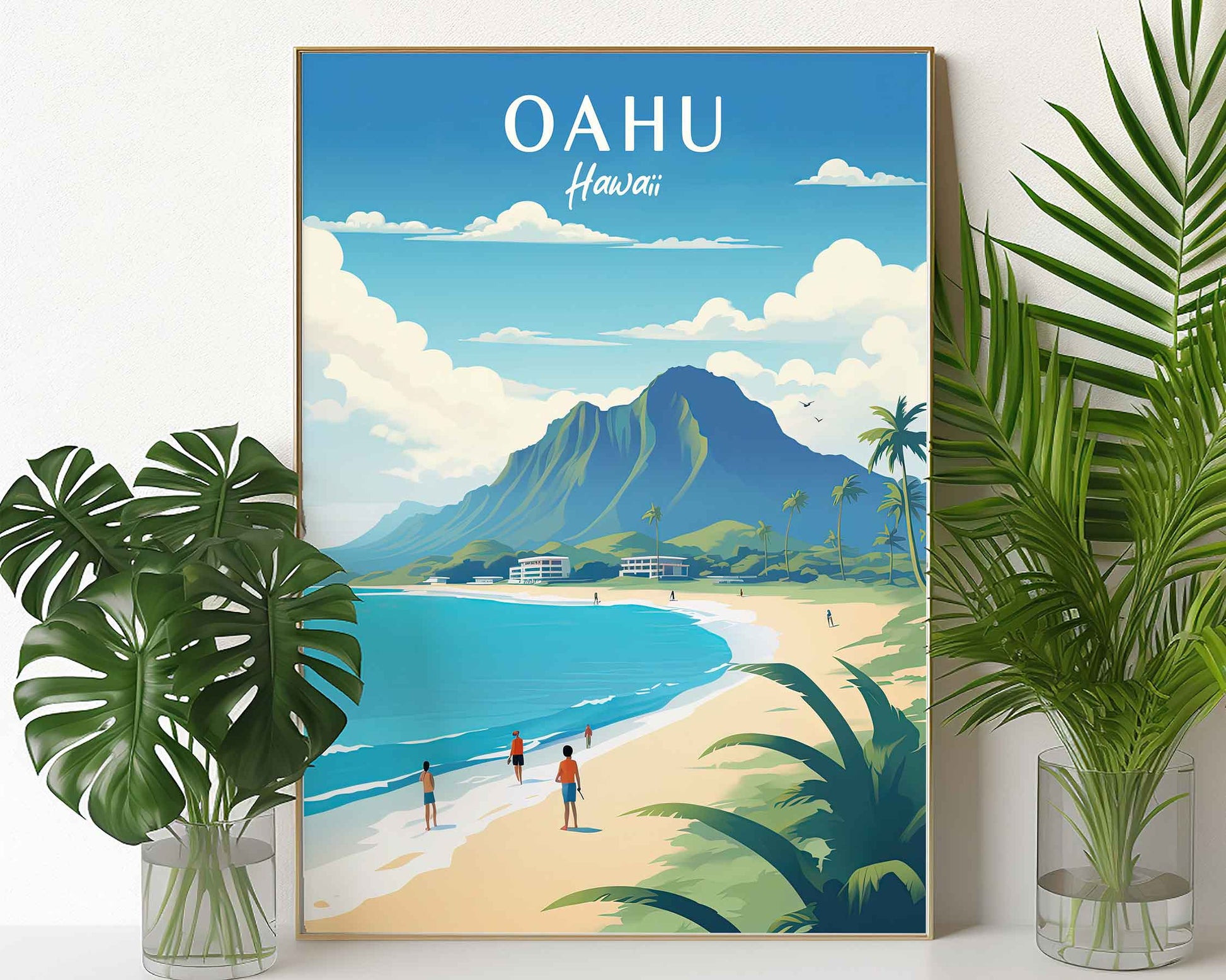 Framed Image of Oahu Hawaii Wall Art Print Travel Posters Illustration