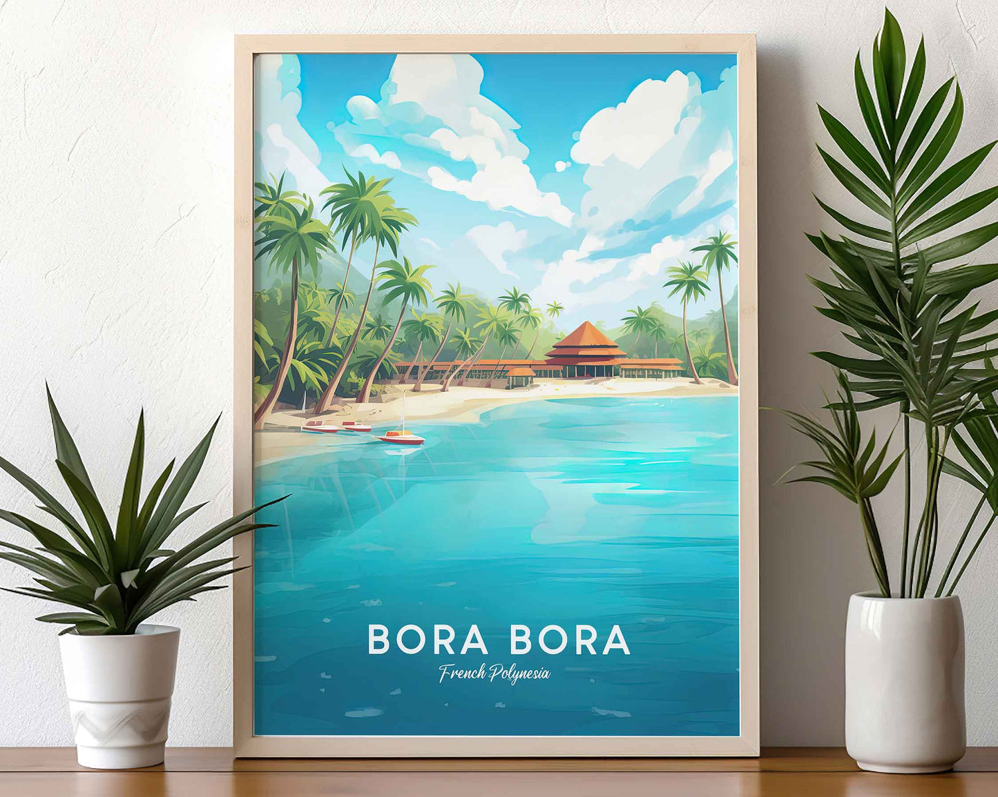 Framed Image of Bora Bora Wall Art Print Travel Illustration Posters