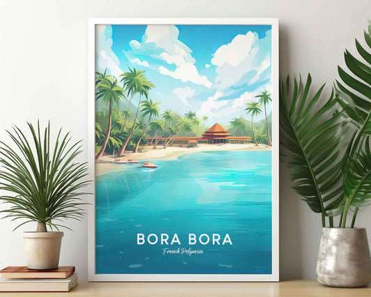 Framed Image of Bora Bora Wall Art Print Travel Illustration Posters