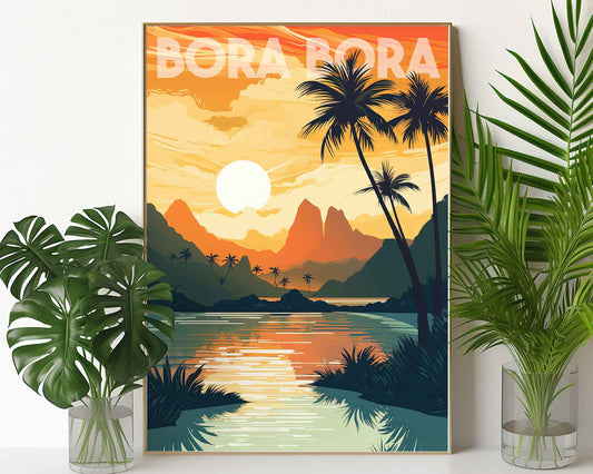 Framed Image of Bora Bora Illustration Wall Art Print Travel Posters