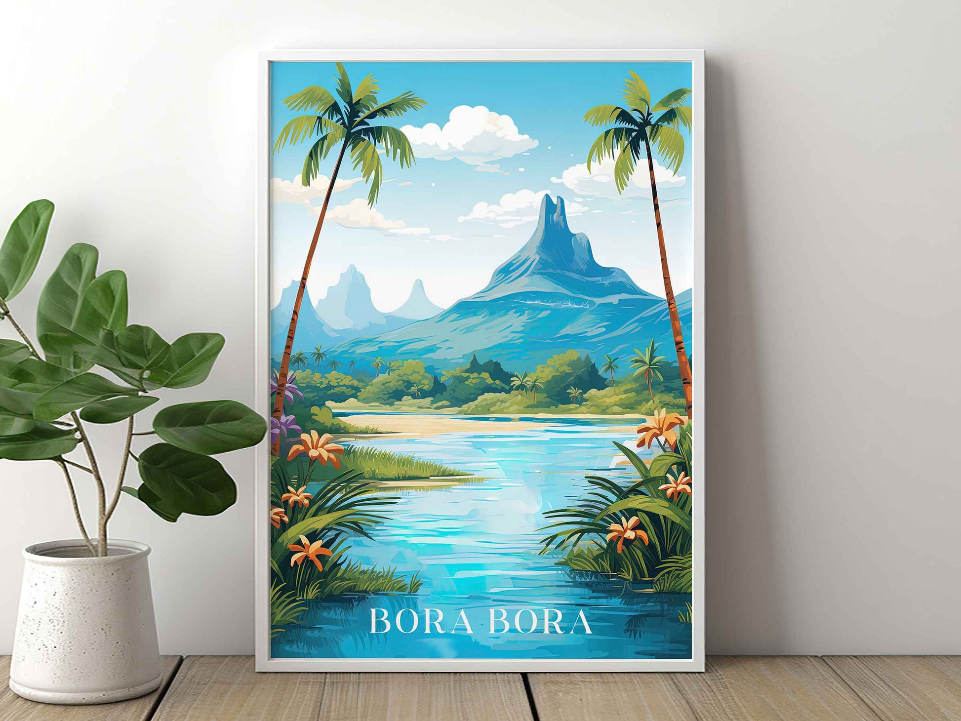 Framed Image of Bora Bora Wall Art Poster Prints Travel Illustration