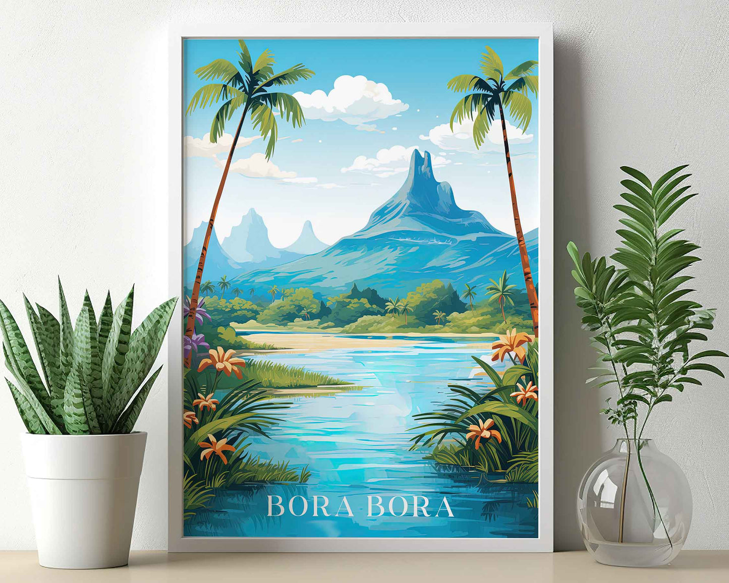 Framed Image of Bora Bora Wall Art Poster Prints Travel Illustration