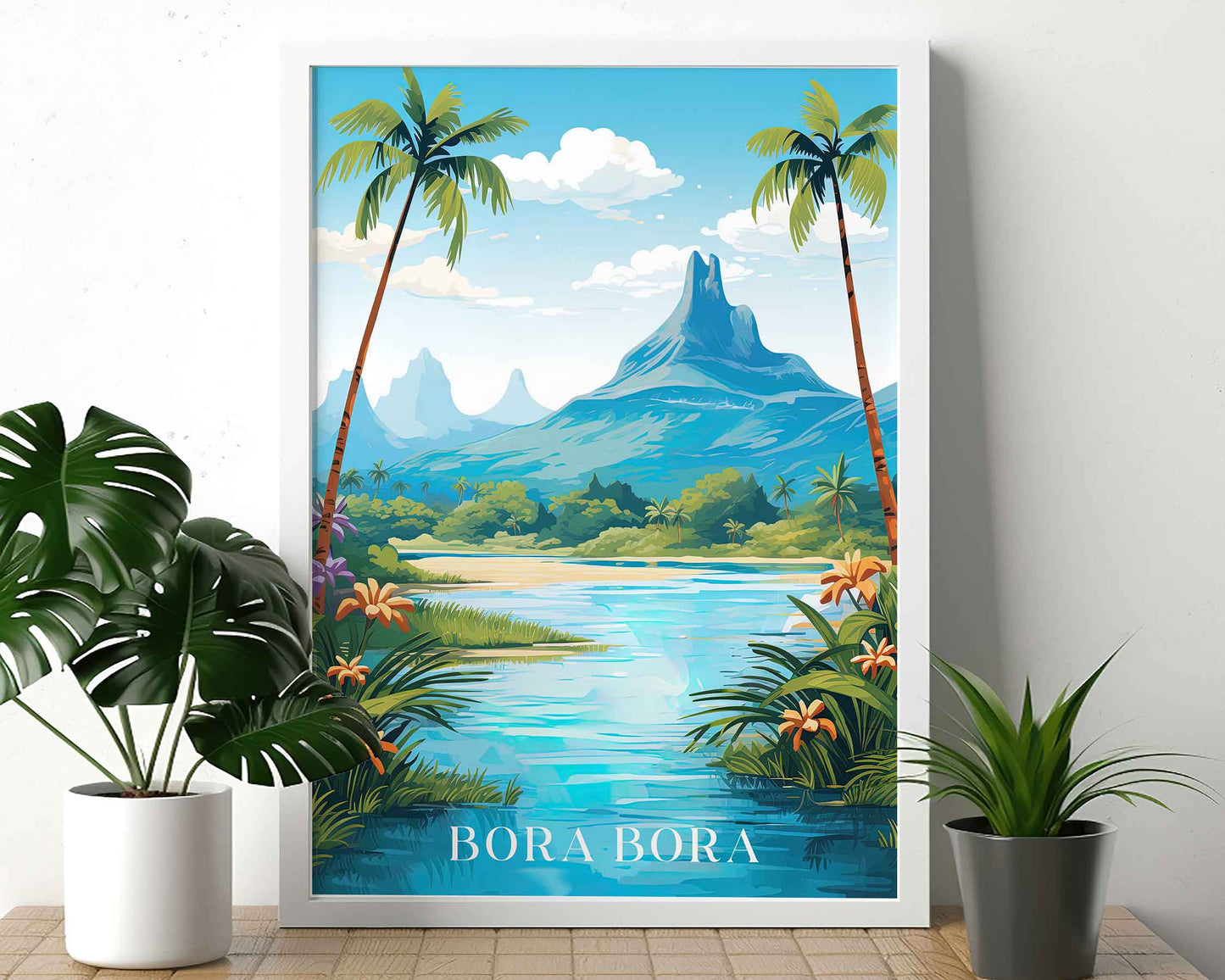 Framed Image of Bora Bora Wall Art Poster Prints Travel Illustration