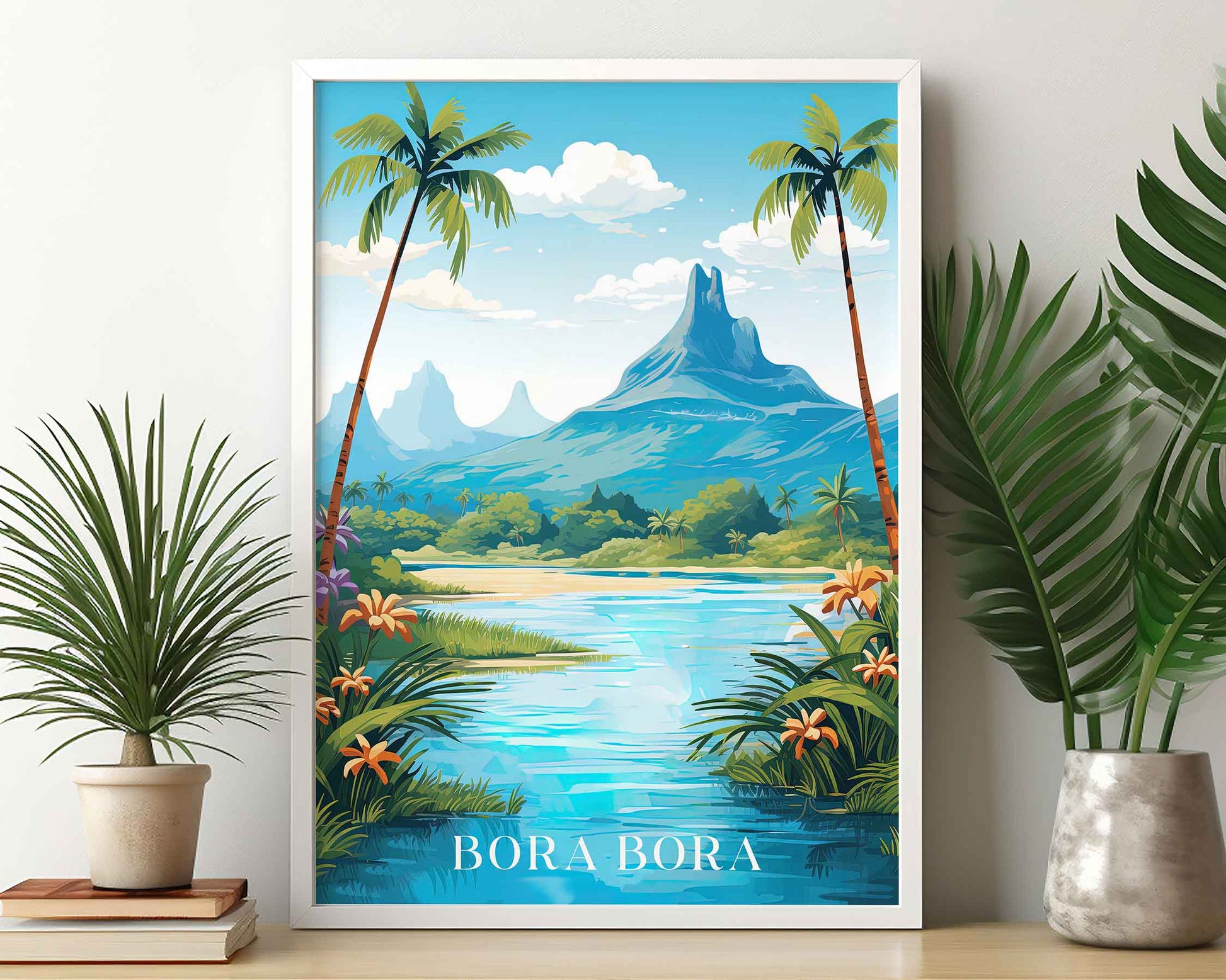 Framed Image of Bora Bora Wall Art Poster Prints Travel Illustration