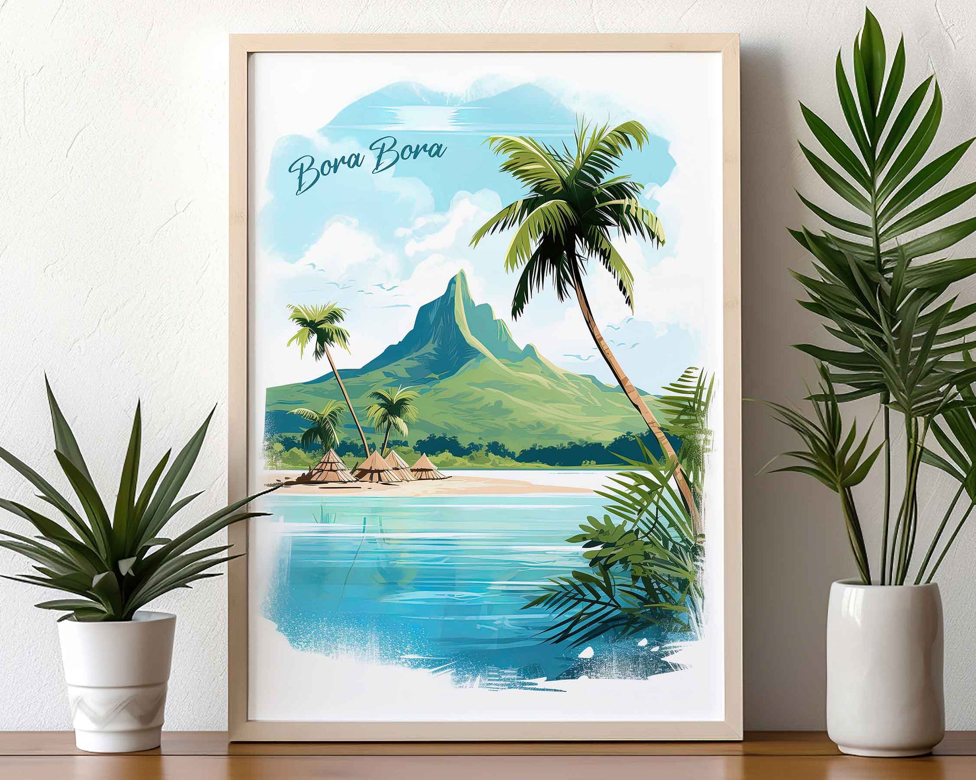 Framed Image of Bora Bora Poster Wall Art Prints Travel Illustration