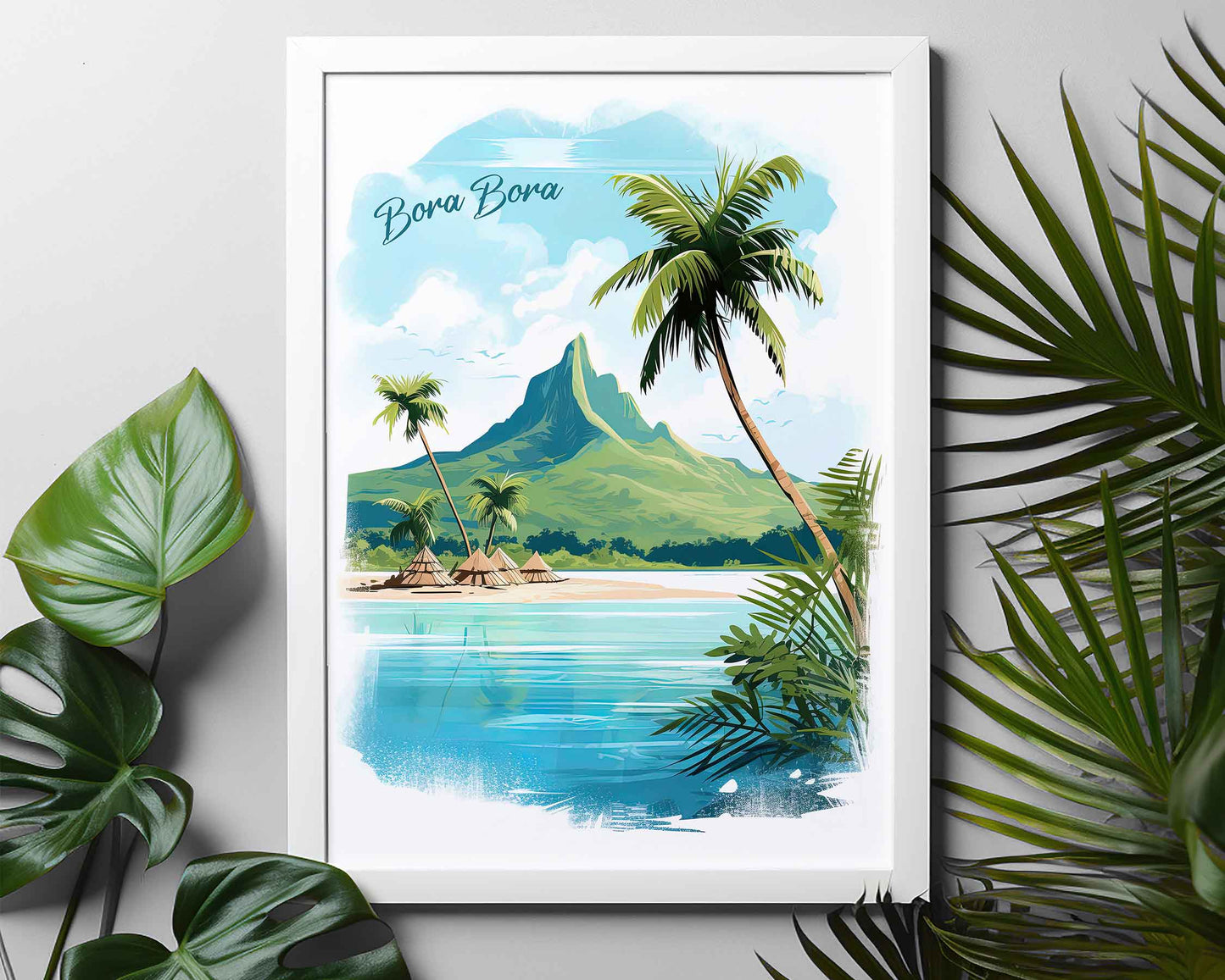 Framed Image of Bora Bora Poster Wall Art Prints Travel Illustration