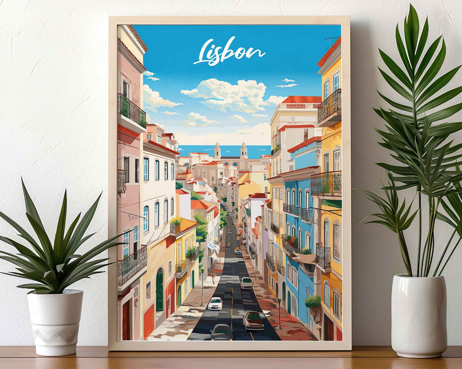 Framed Image of Lisbon Travel Poster Prints Portugal Illustration Wall Art