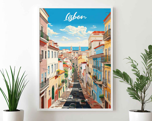 Framed Image of Lisbon Travel Poster Prints Portugal Illustration Wall Art