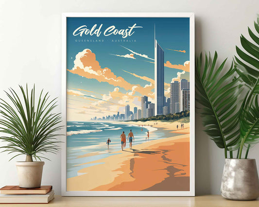 Framed Image of Gold Coast Australia Travel Poster Prints Wall Art Illustration