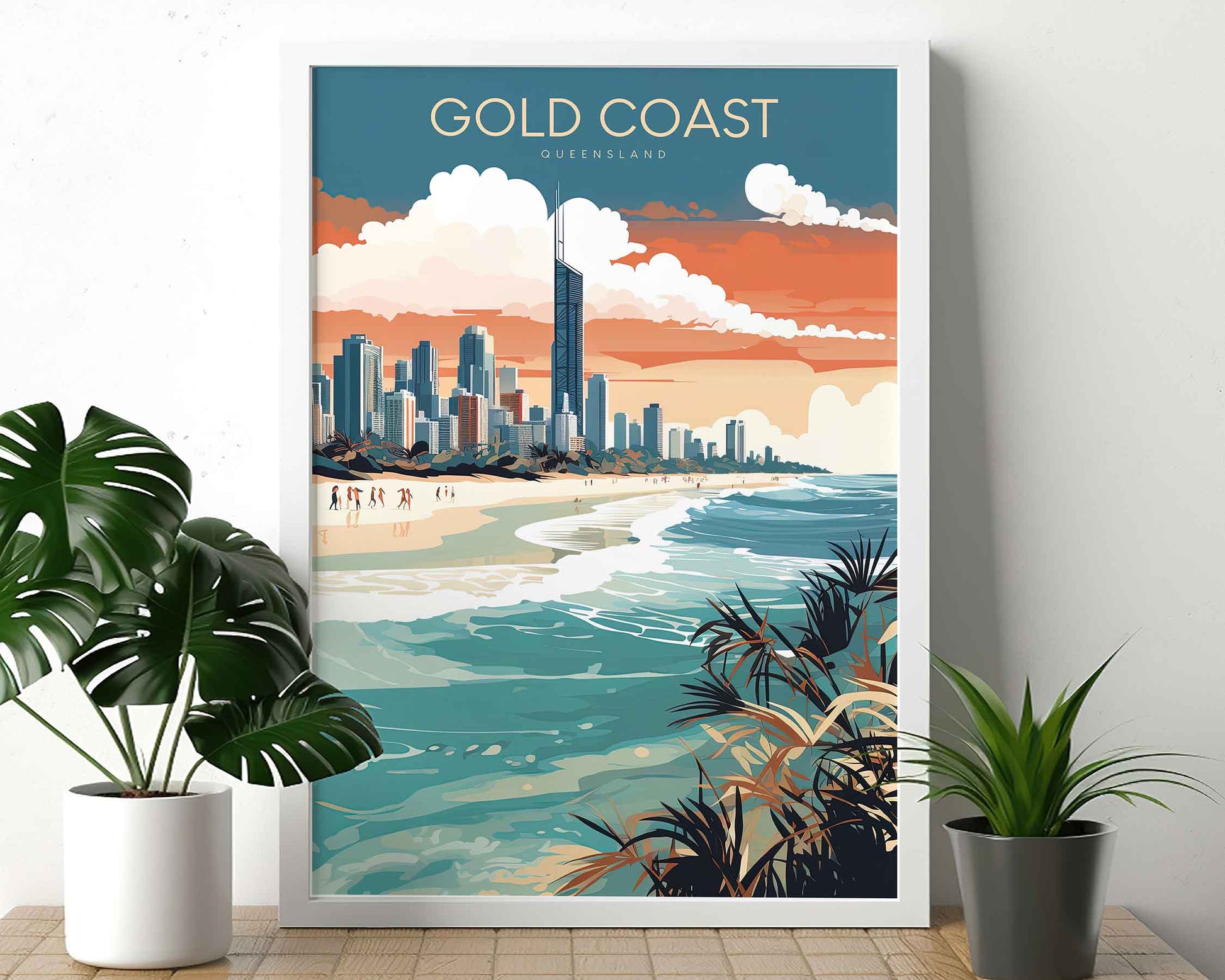 Framed Image of Gold Coast Australia Travel Poster Illustration Prints Wall Art