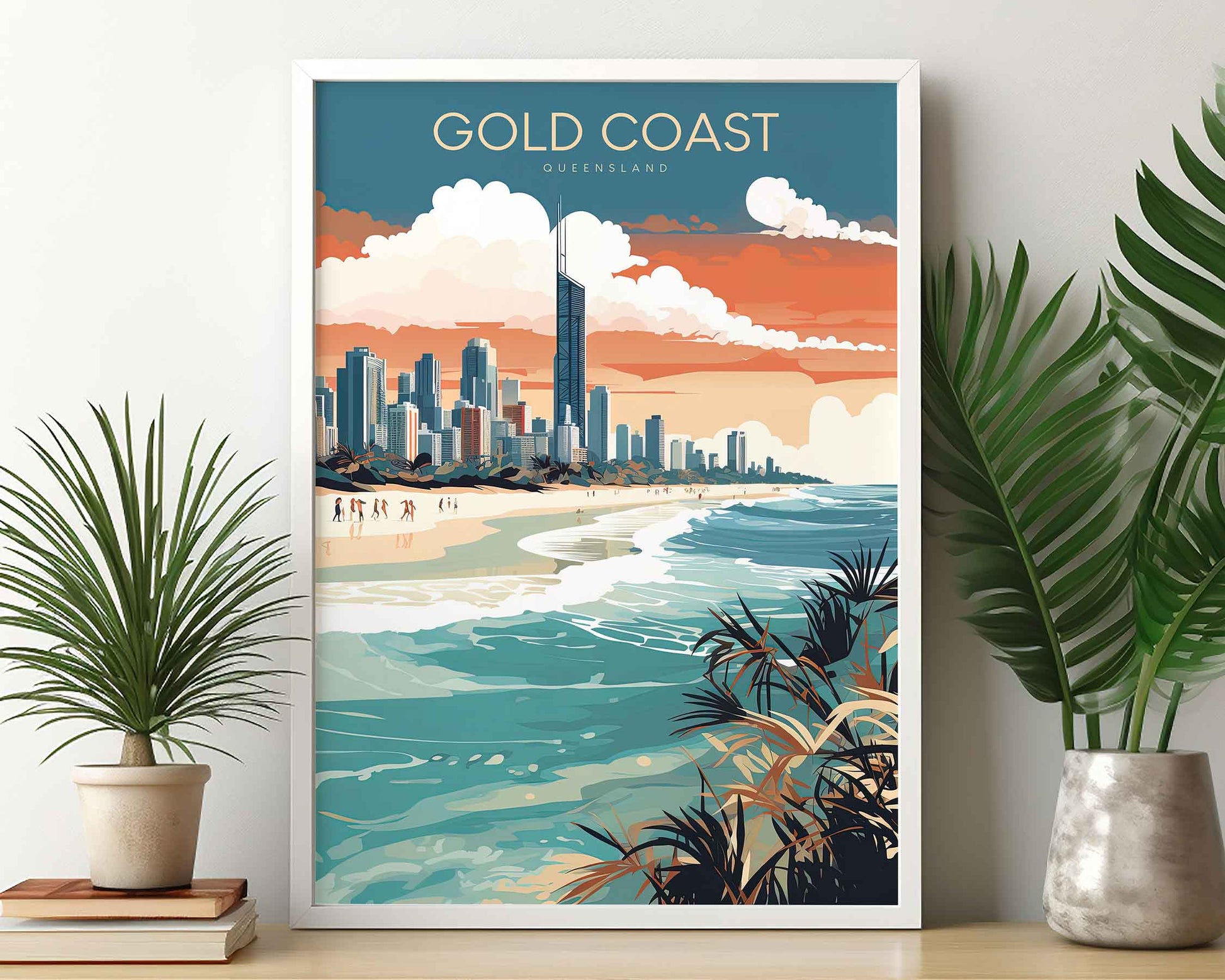 Framed Image of Gold Coast Australia Travel Poster Illustration Prints Wall Art