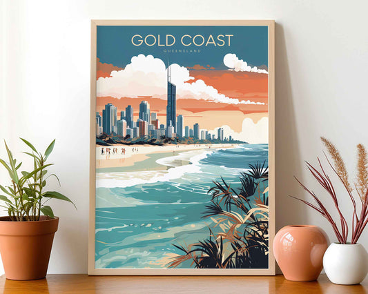 Framed Image of Gold Coast Australia Travel Poster Illustration Prints Wall Art