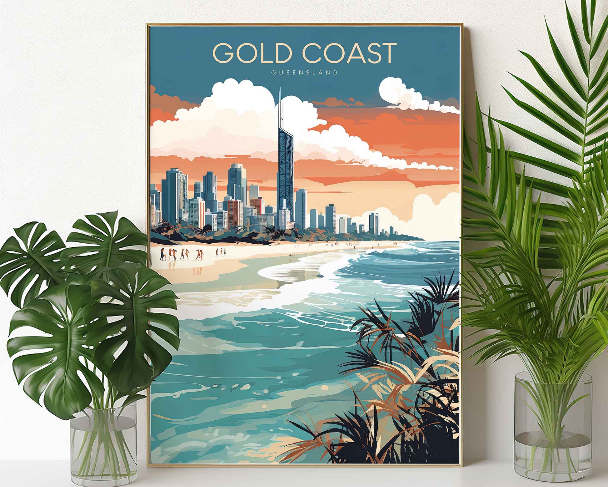 Framed Image of Gold Coast Australia Travel Poster Illustration Prints Wall Art