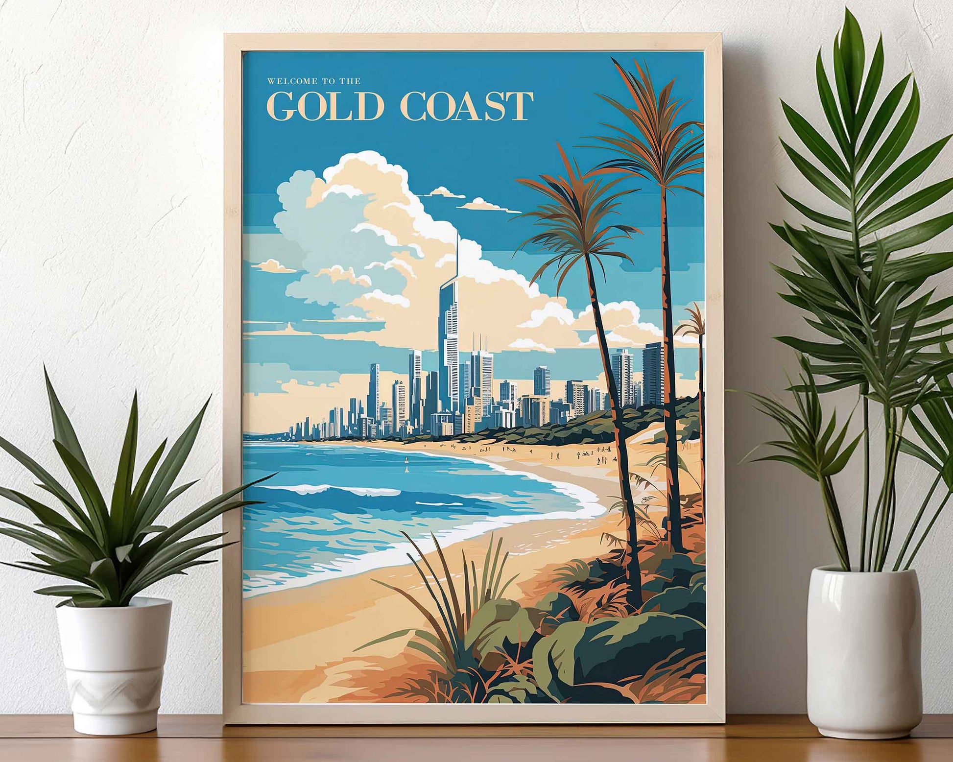 Framed Image of Gold Coast Australia Travel Illustration Poster Prints Wall Art