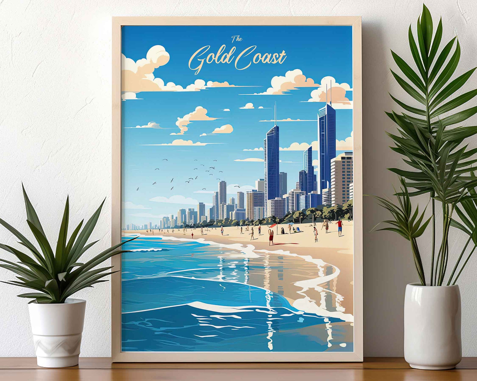 Framed Image of Gold Coast Australia Illustration Travel Poster Prints Wall Art