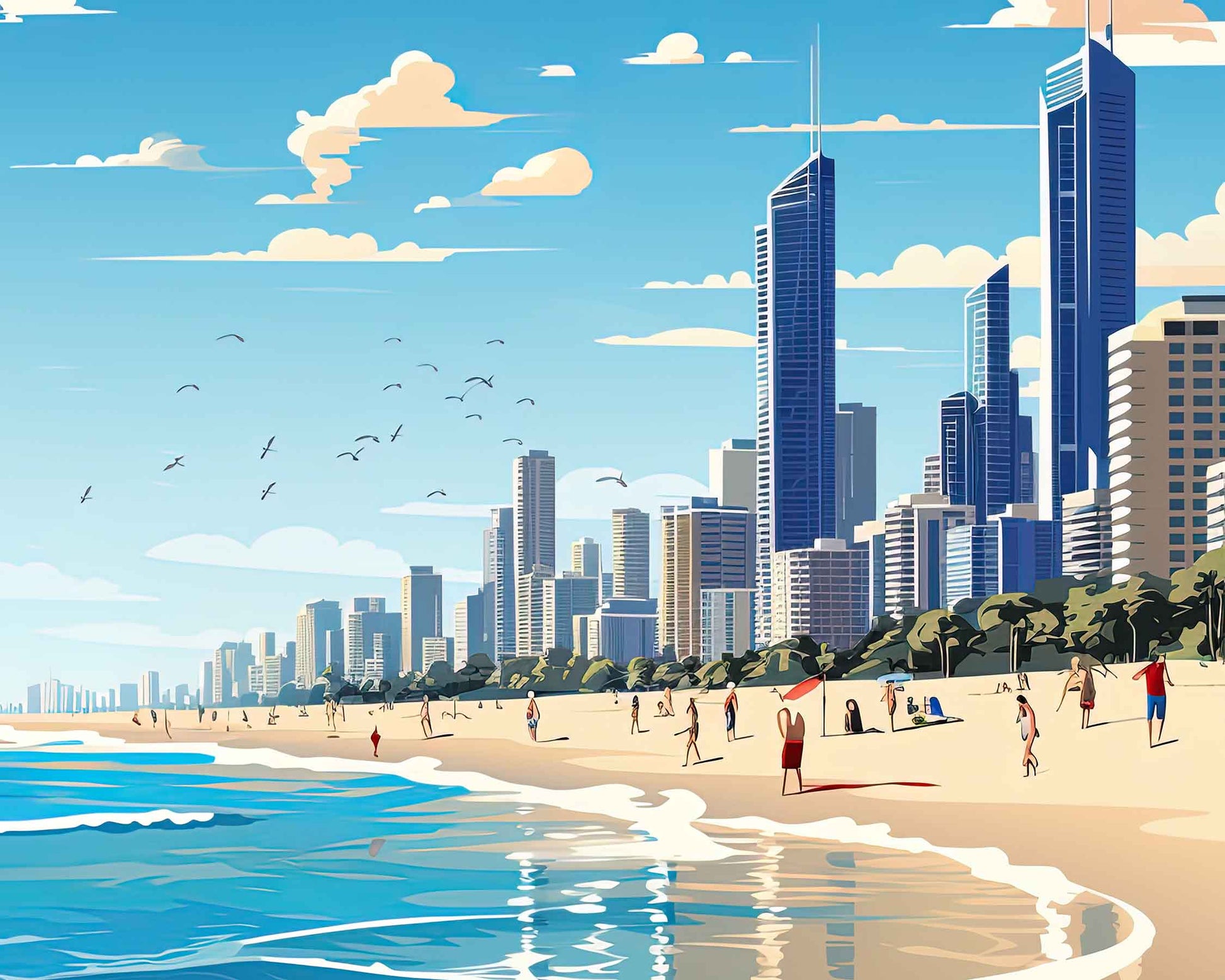 Framed Image of Gold Coast Australia Illustration Travel Poster Prints Wall Art