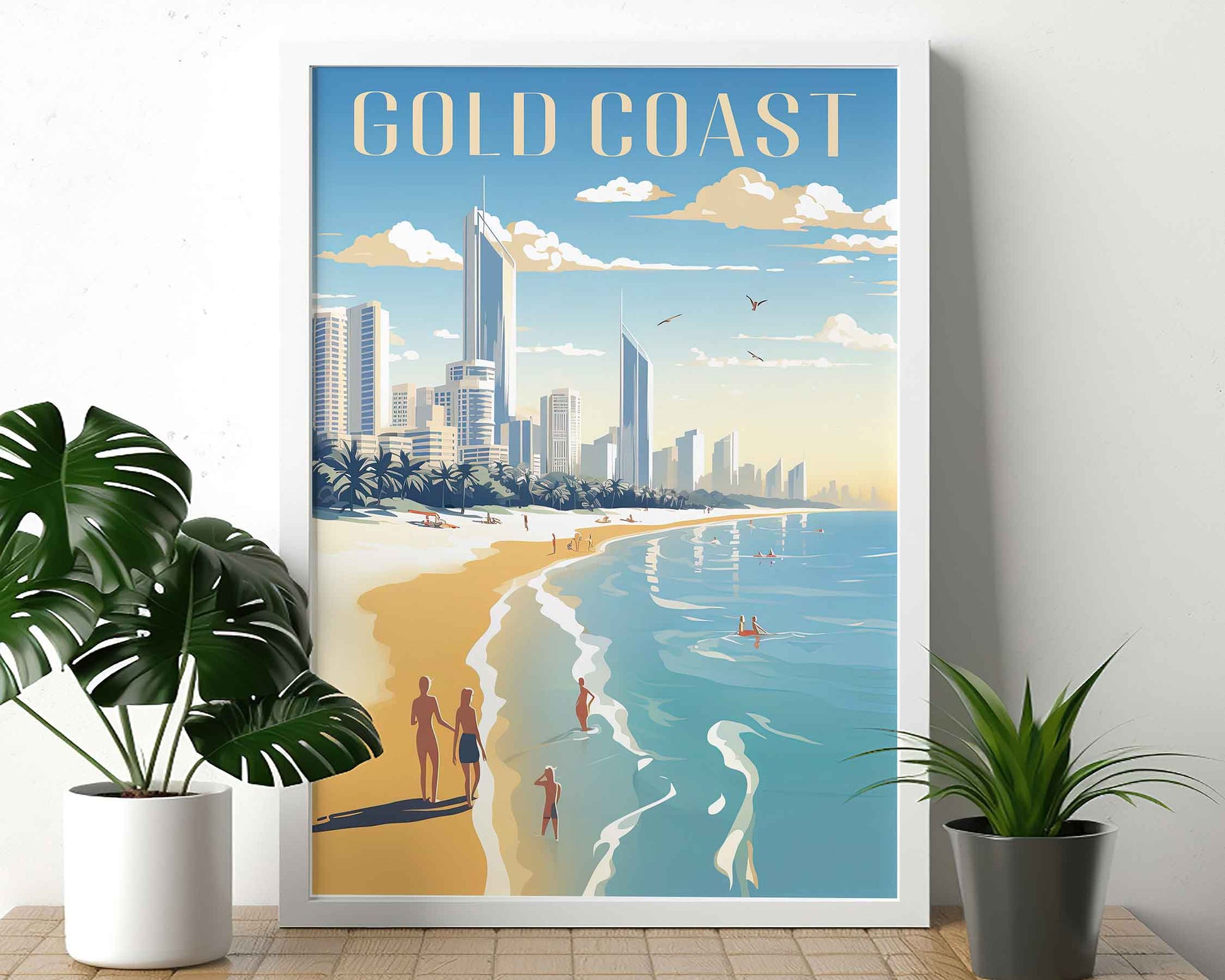 Framed Image of Gold Coast Australia Travel Poster Wall Art Prints Illustration