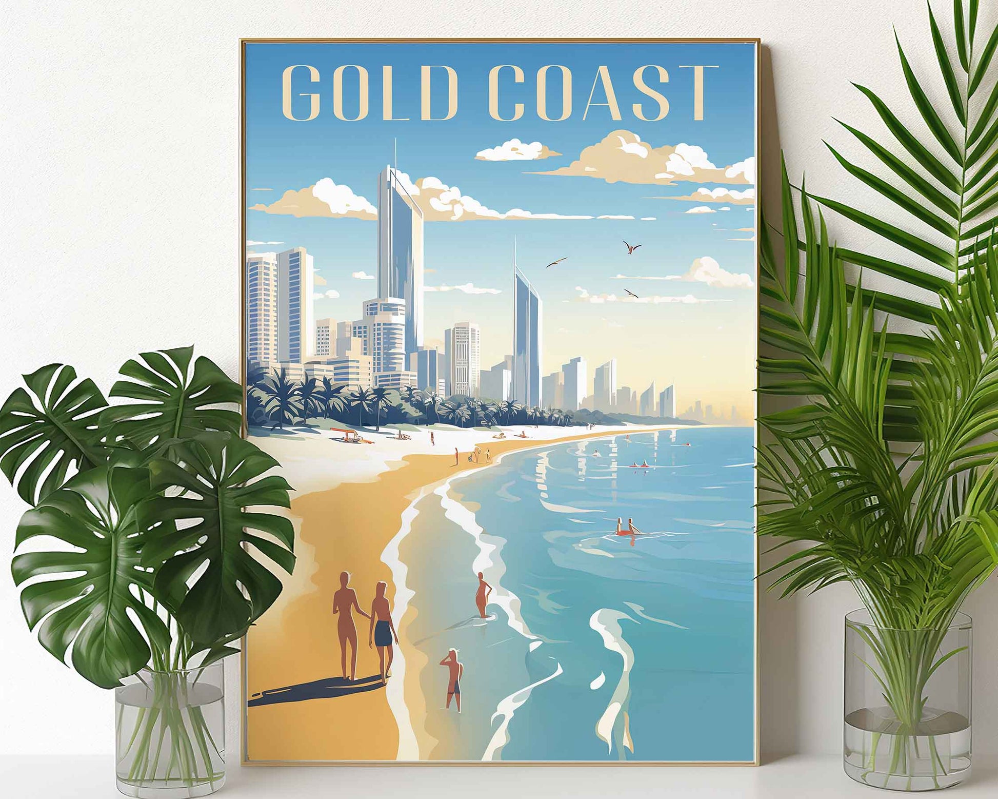 Framed Image of Gold Coast Australia Travel Poster Wall Art Prints Illustration