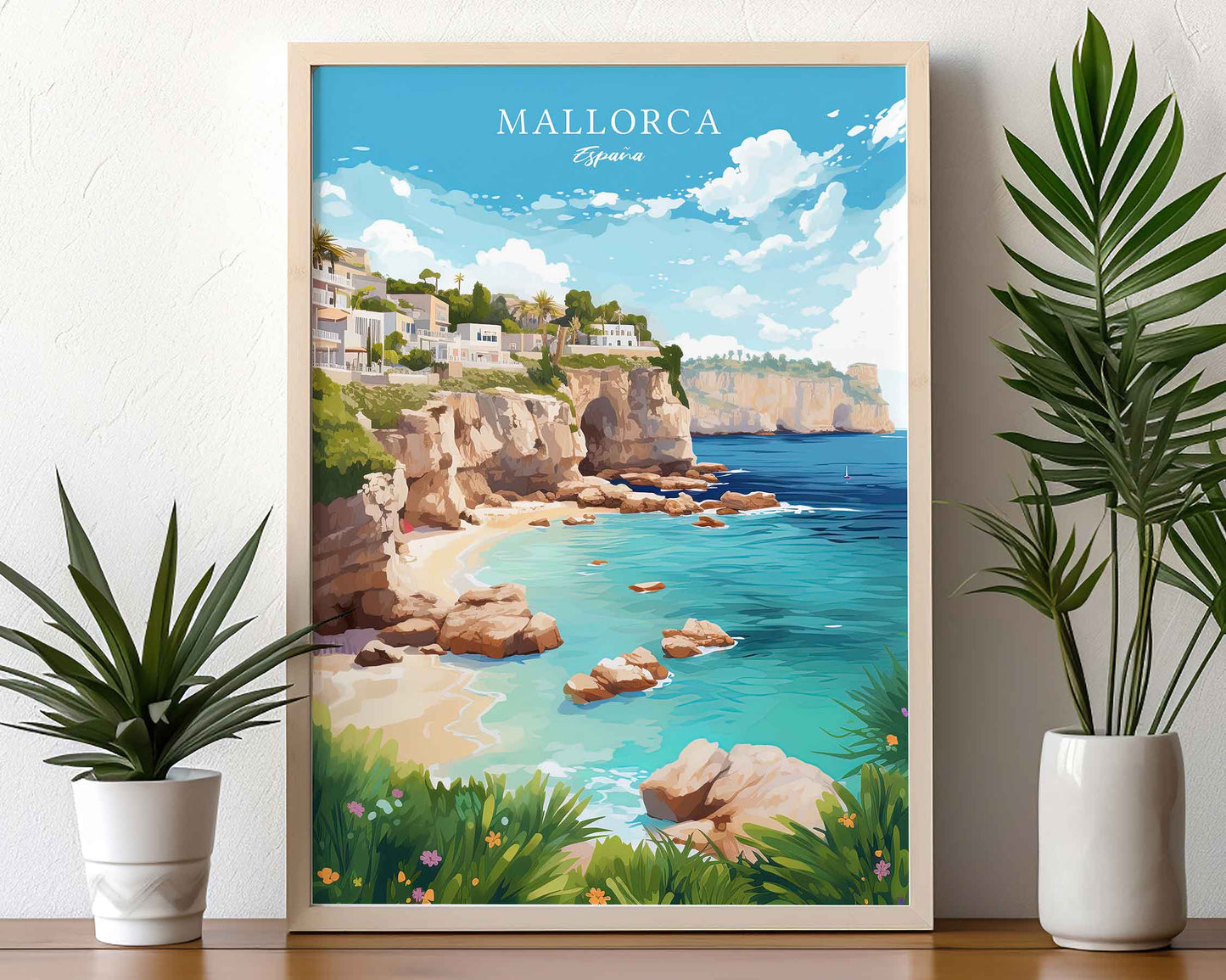 Framed Image of Mallorca Spain Travel Poster Prints Wall Art Illustration