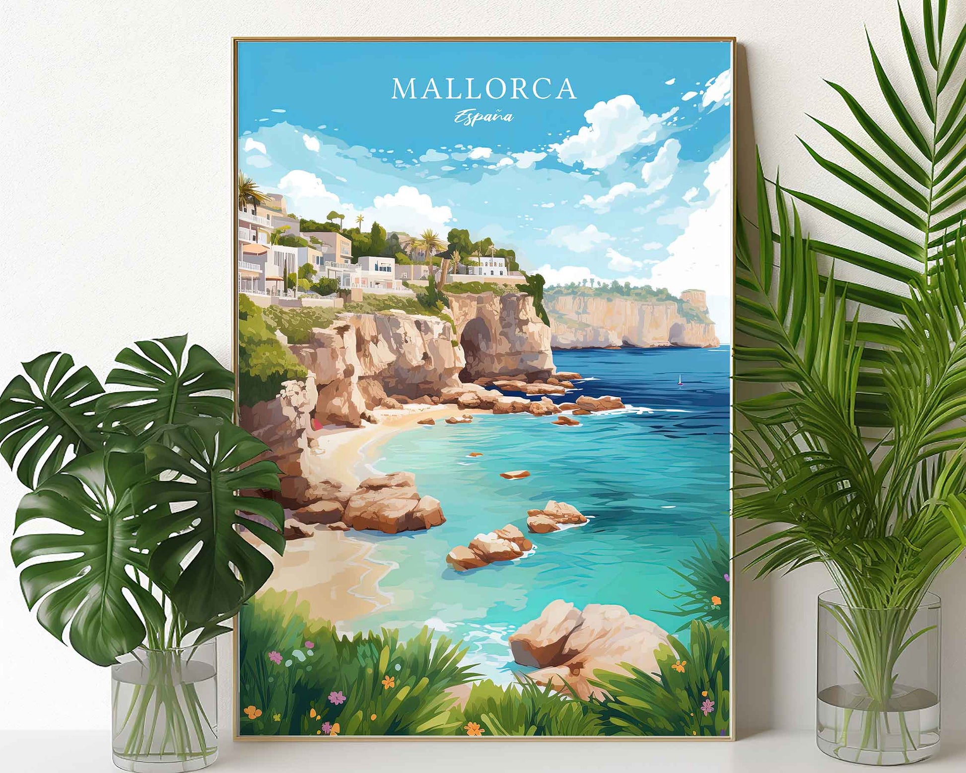 Framed Image of Mallorca Spain Travel Poster Prints Wall Art Illustration