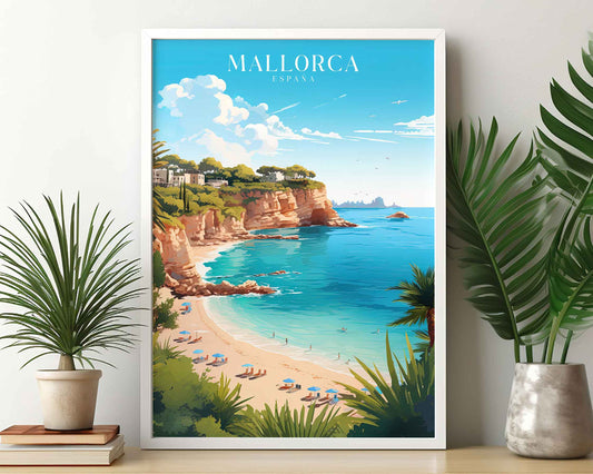 Framed Image of Mallorca Spain Travel Poster Illustration Prints Wall Art