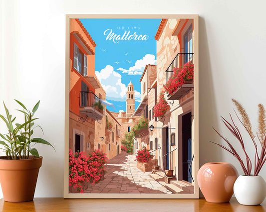 Framed Image of Mallorca Spain Travel Illustration Poster Prints Wall Art