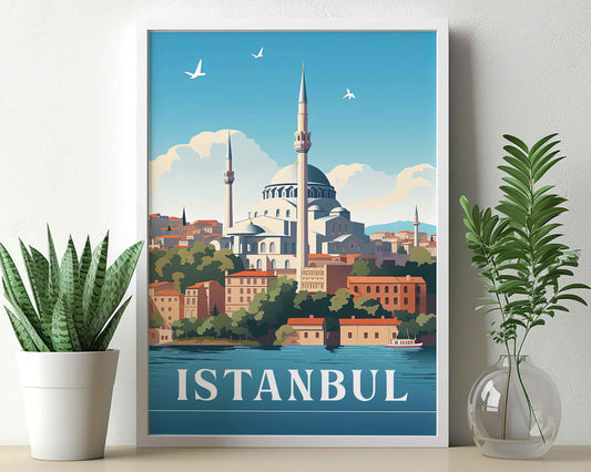 Framed Image of Istanbul Turkey Travel Illustration Poster Prints Wall Art