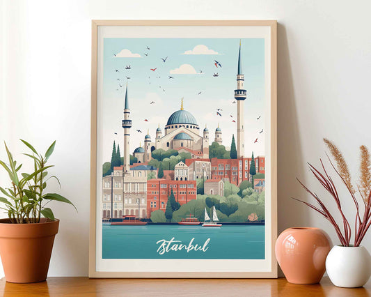 Framed Image of Istanbul Turkey Travel Poster Wall Art Prints Illustration