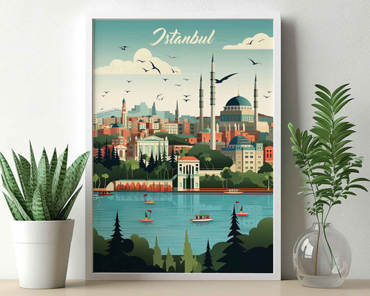 Framed Image of Istanbul Turkey Travel Wall Art Poster Prints Illustration