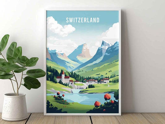 Framed Image of Swiss Alps Switzerland Travel Poster Prints Wall Art Illustration