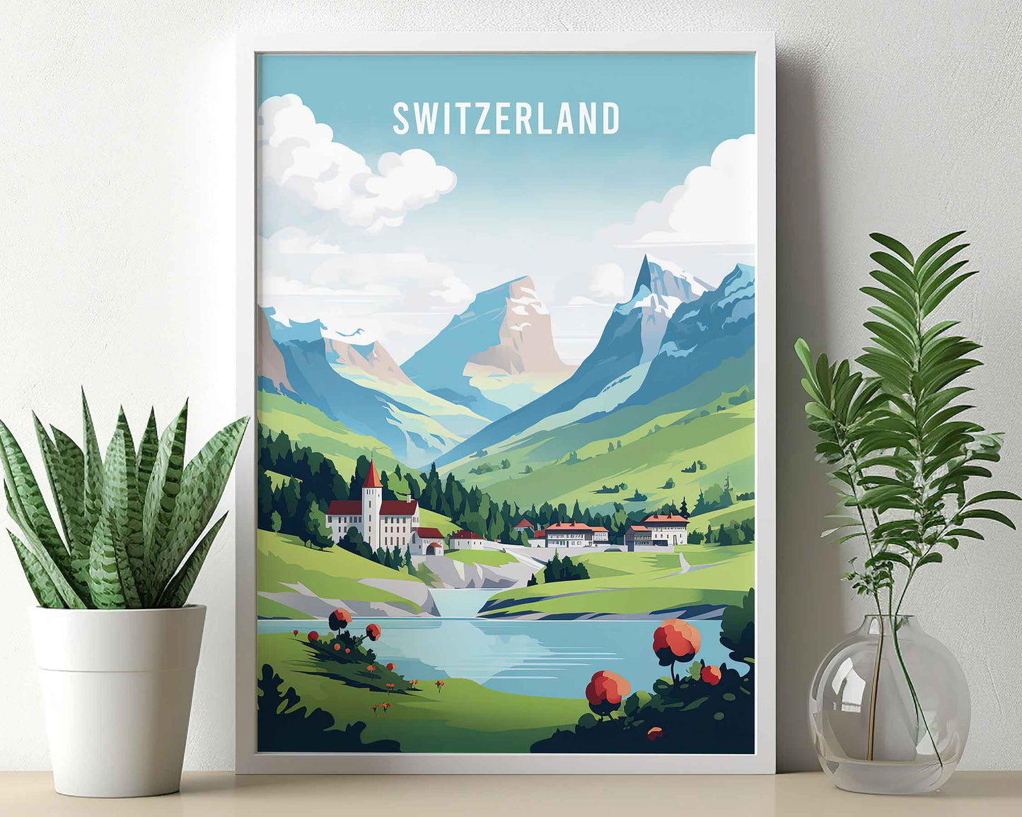 Framed Image of Swiss Alps Switzerland Travel Poster Prints Wall Art Illustration