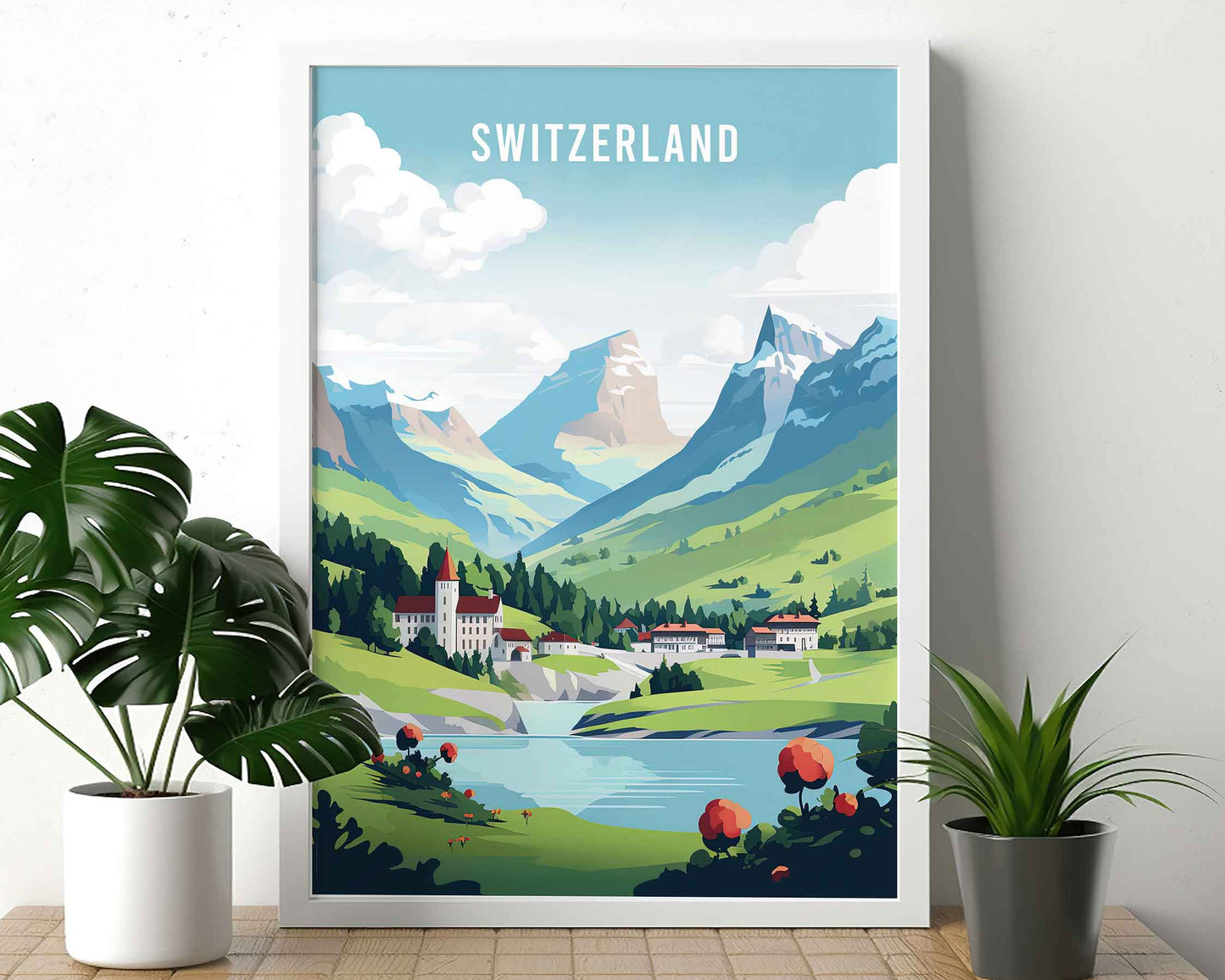 Framed Image of Swiss Alps Switzerland Travel Poster Prints Wall Art Illustration