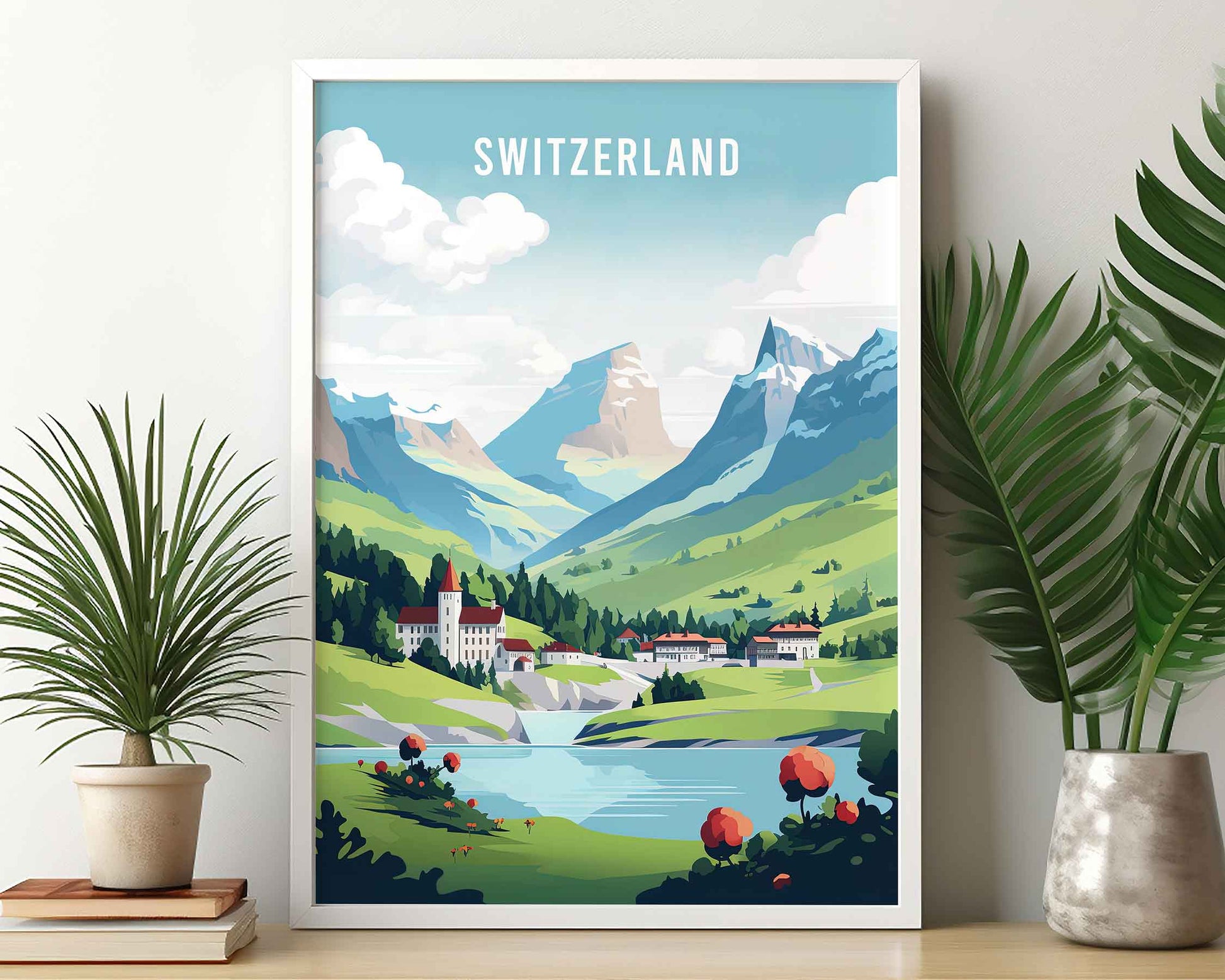 Framed Image of Swiss Alps Switzerland Travel Poster Prints Wall Art Illustration