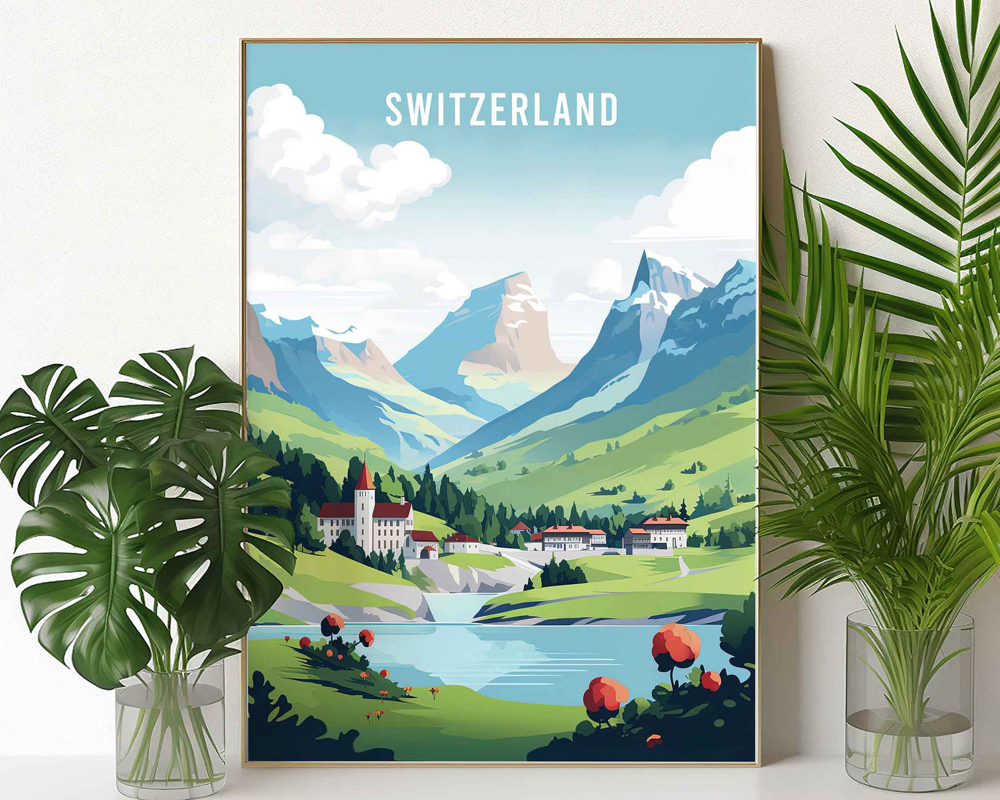 Framed Image of Swiss Alps Switzerland Travel Poster Prints Wall Art Illustration