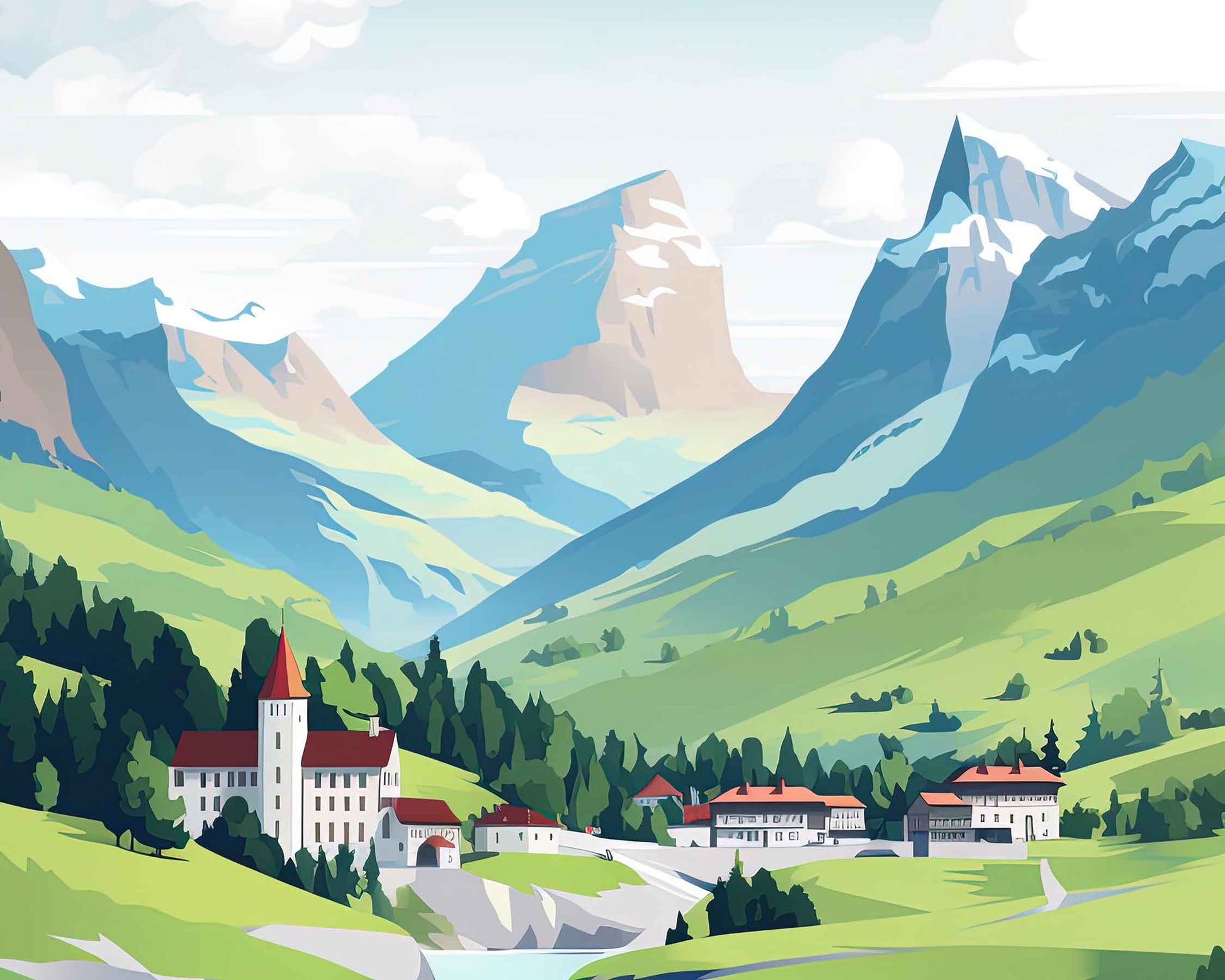 Framed Image of Swiss Alps Switzerland Travel Poster Prints Wall Art Illustration