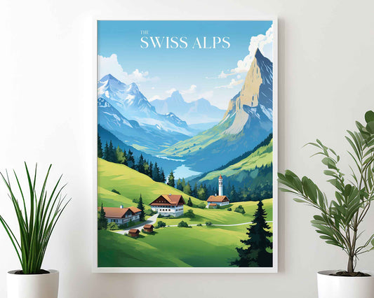 Framed Image of Swiss Alps Switzerland Travel Poster Prints Illustration Wall Art