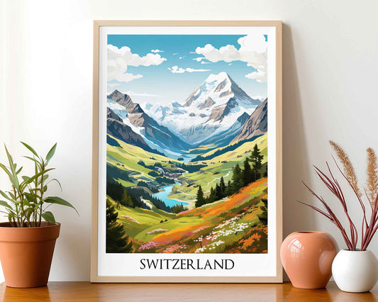 Framed Image of Swiss Alps Switzerland Travel Poster Illustration Prints Wall Art