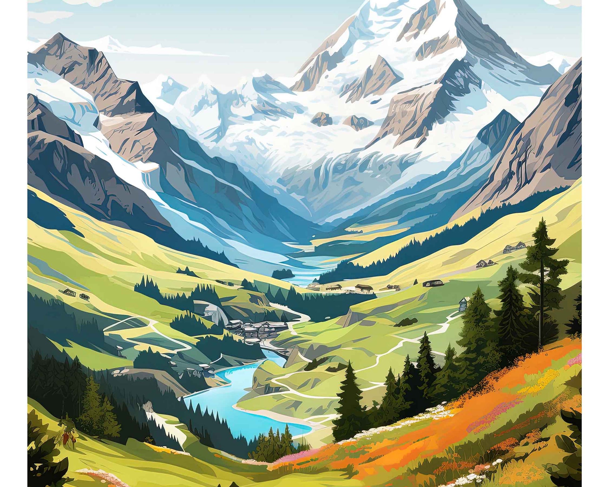 Framed Image of Swiss Alps Switzerland Travel Poster Illustration Prints Wall Art