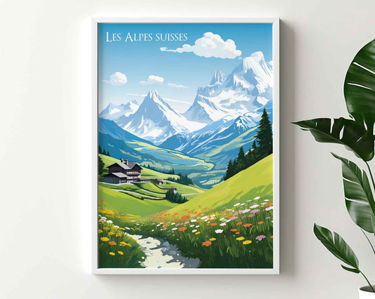 Framed Image of Swiss Alps Switzerland Travel Illustration Poster Prints Wall Art