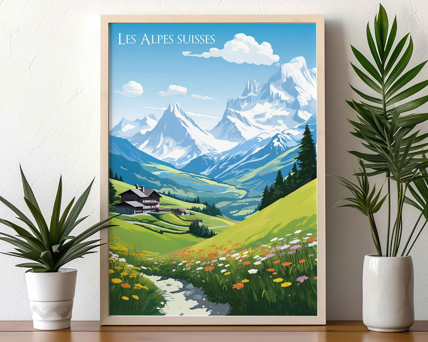 Framed Image of Swiss Alps Switzerland Travel Illustration Poster Prints Wall Art