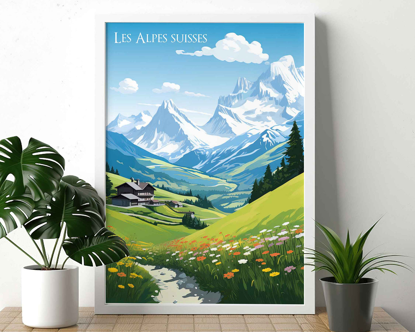 Framed Image of Swiss Alps Switzerland Travel Illustration Poster Prints Wall Art