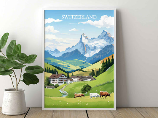 Framed Image of Swiss Alps Switzerland Illustration Travel Poster Prints Wall Art