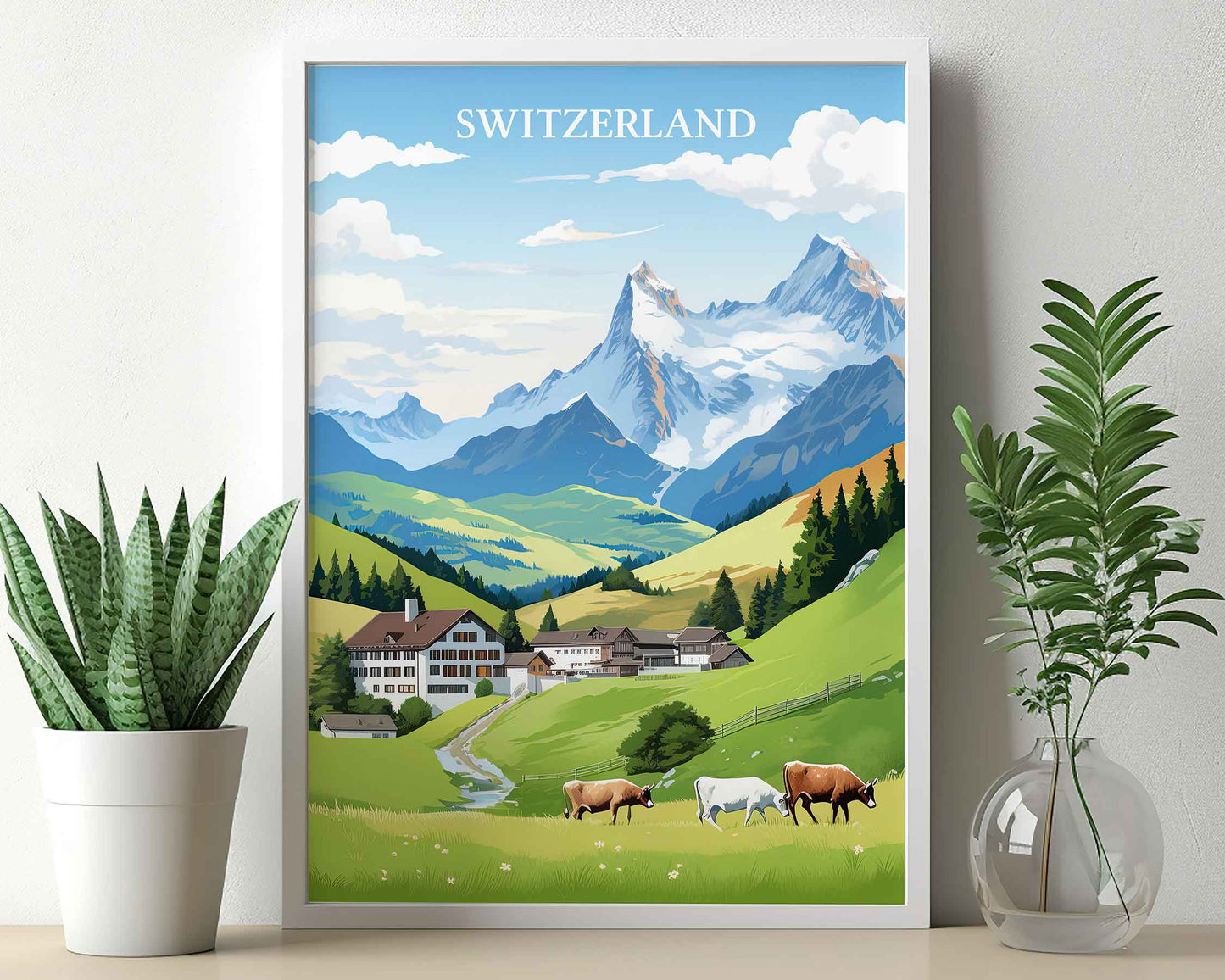 Framed Image of Swiss Alps Switzerland Illustration Travel Poster Prints Wall Art