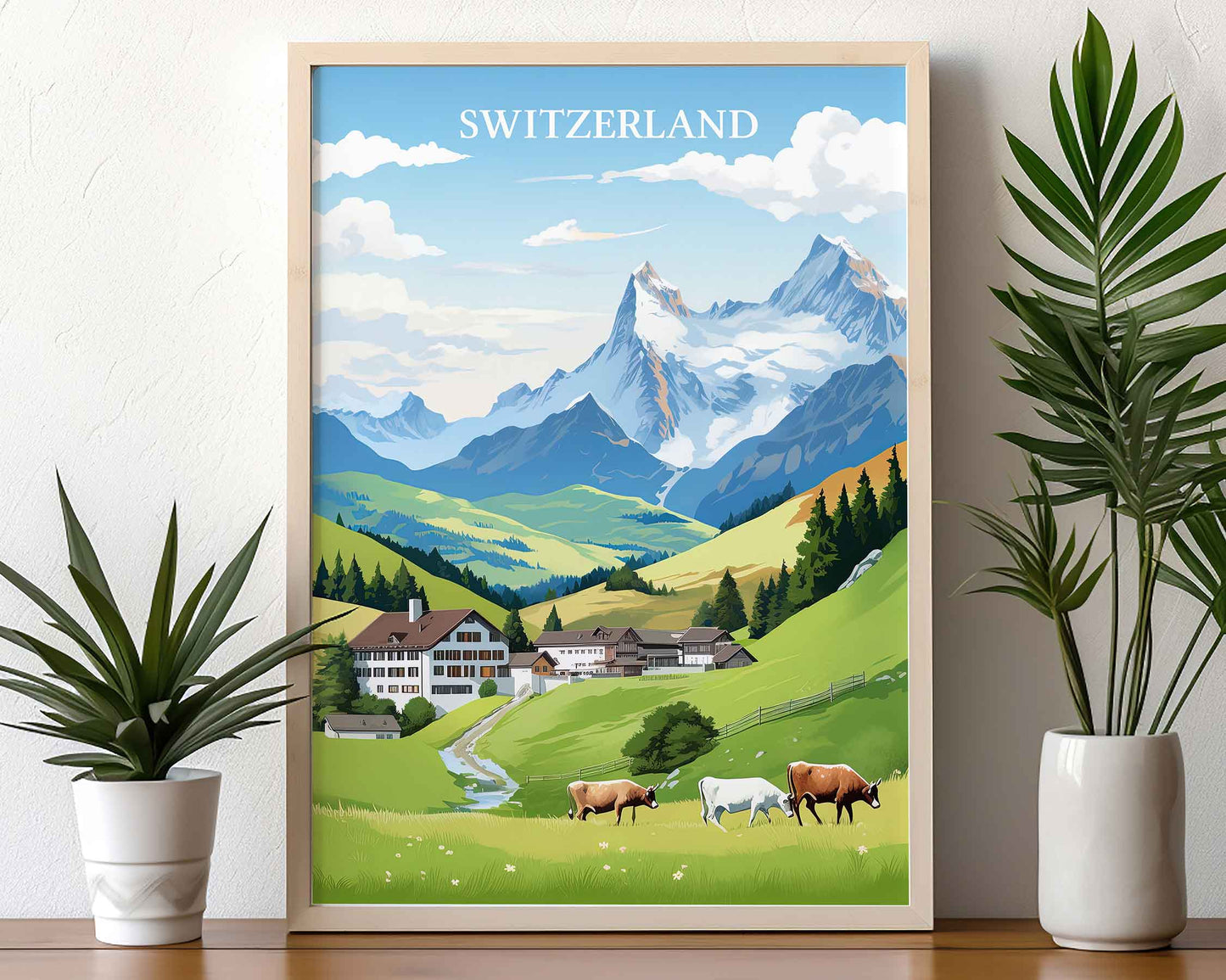 Framed Image of Swiss Alps Switzerland Illustration Travel Poster Prints Wall Art